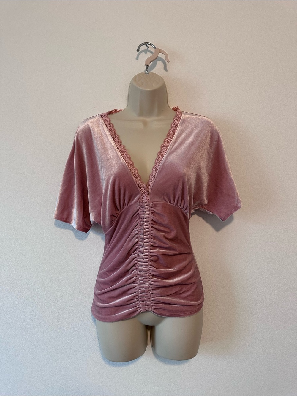 Rose Pink Velvet Ruched V-Neck Top